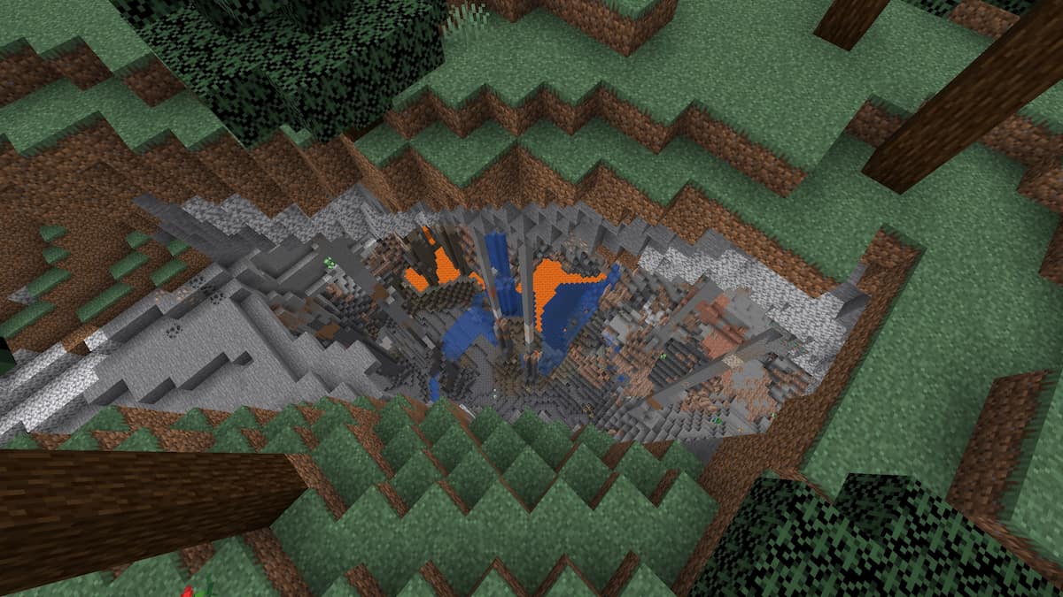 A deep ravine in the middle of a Taiga in Minecraft