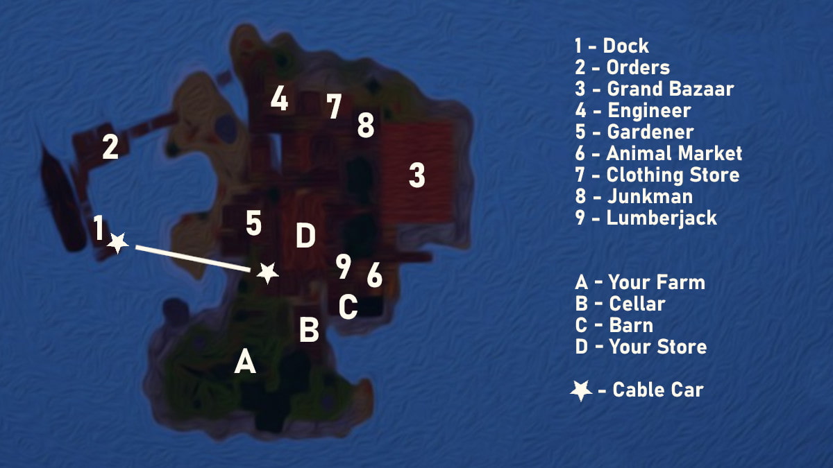 A Map of the main island of Old Market Simulator.