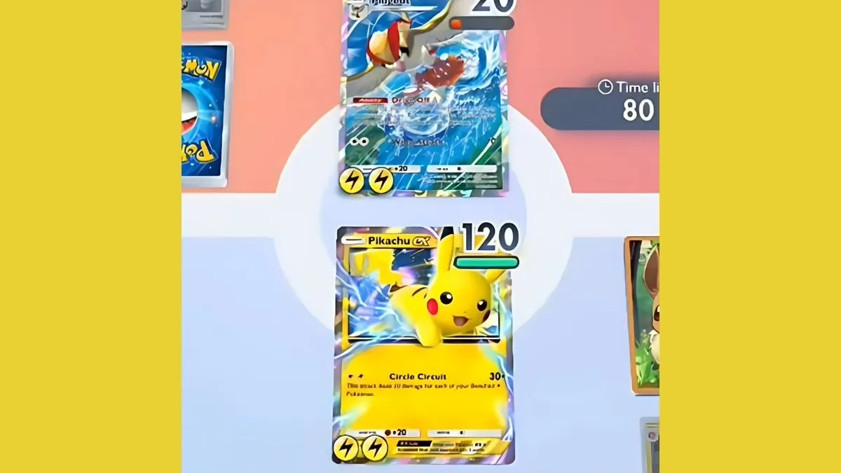 Pikachu EX against Pigeot in Pokemon TCG Pocket.