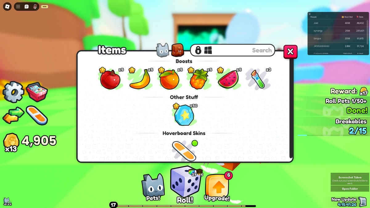 Showing all the potions and fruits in PETS GO