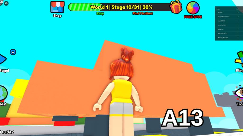 The button hidden beneath the orange car in Stage 10 in the Easy mode of Roblox Find Buttons World One
