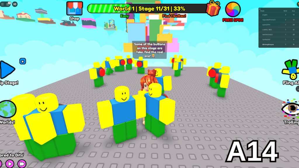 Stage 11 in the Easy mode of Roblox Find Buttons World One