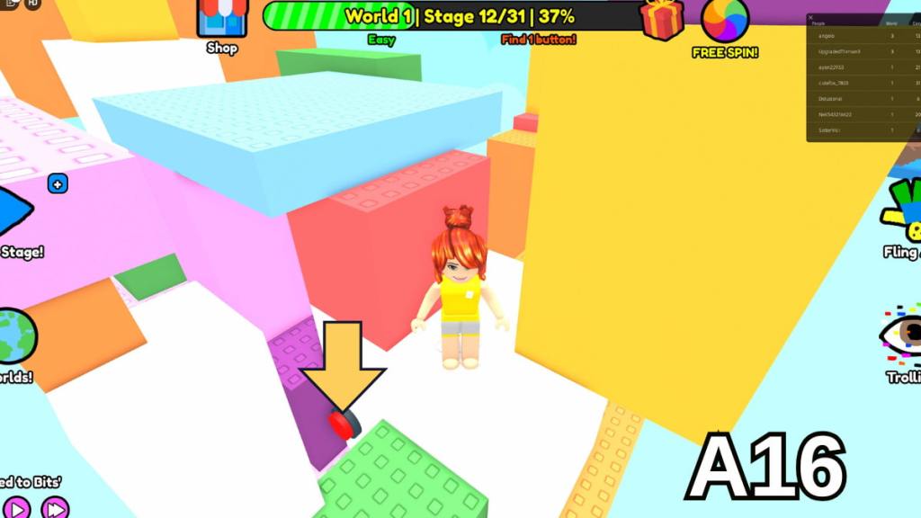 The location of the Stage 12 platform in the Easy mode of Roblox Find Buttons World One