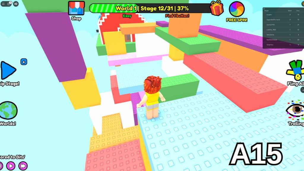 Climbing on top of the Stage 12 platform in the Easy mode of Roblox Find Buttons World One