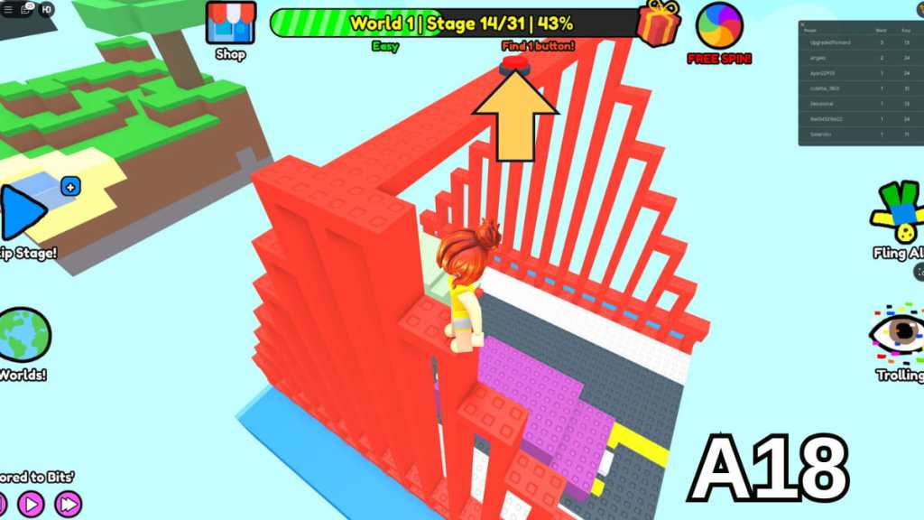 The Stage 14 button in the Easy mode of Roblox Find Buttons World One