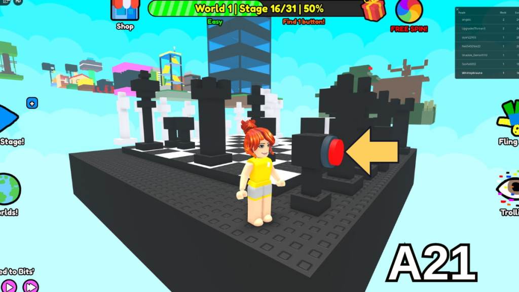 The button on the side of a pawn in Stage Sixteen in the Easy mode of Roblox Find Buttons World One