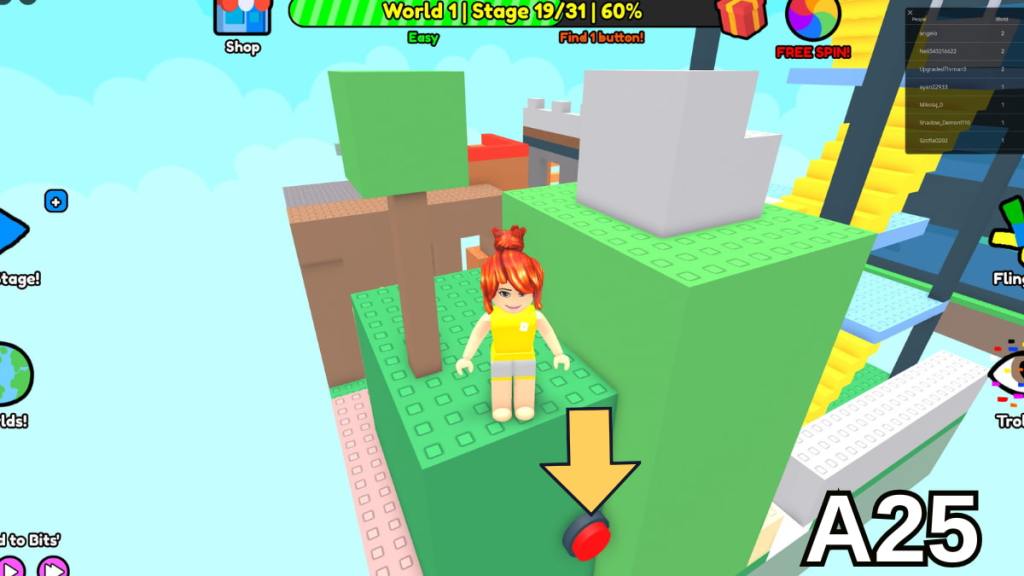 The Stage 19 button on the side of a green block in the Easy mode of Roblox Find Buttons World One