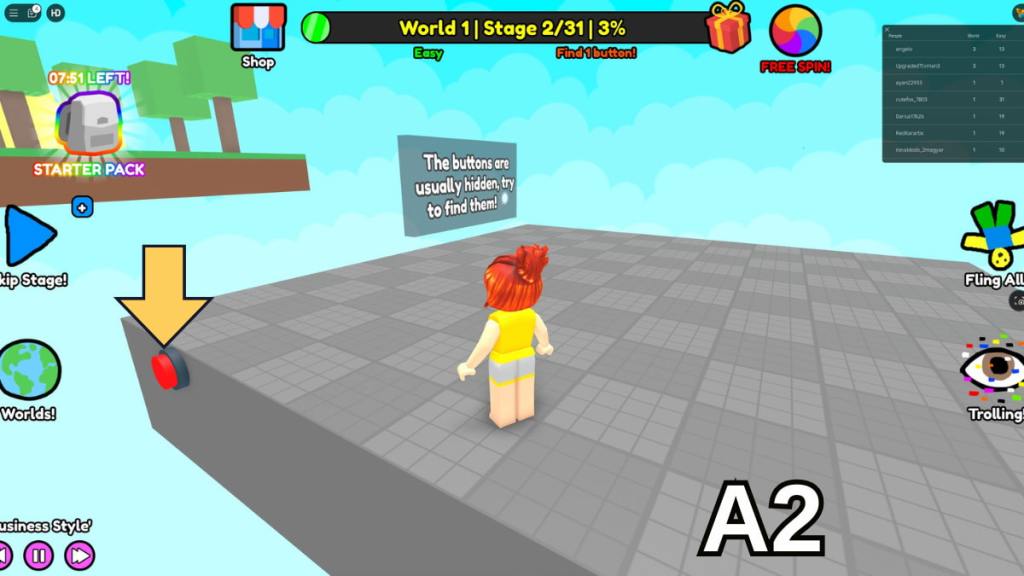 The location of the Stage 2 button in the Easy version of World One in Find Buttons