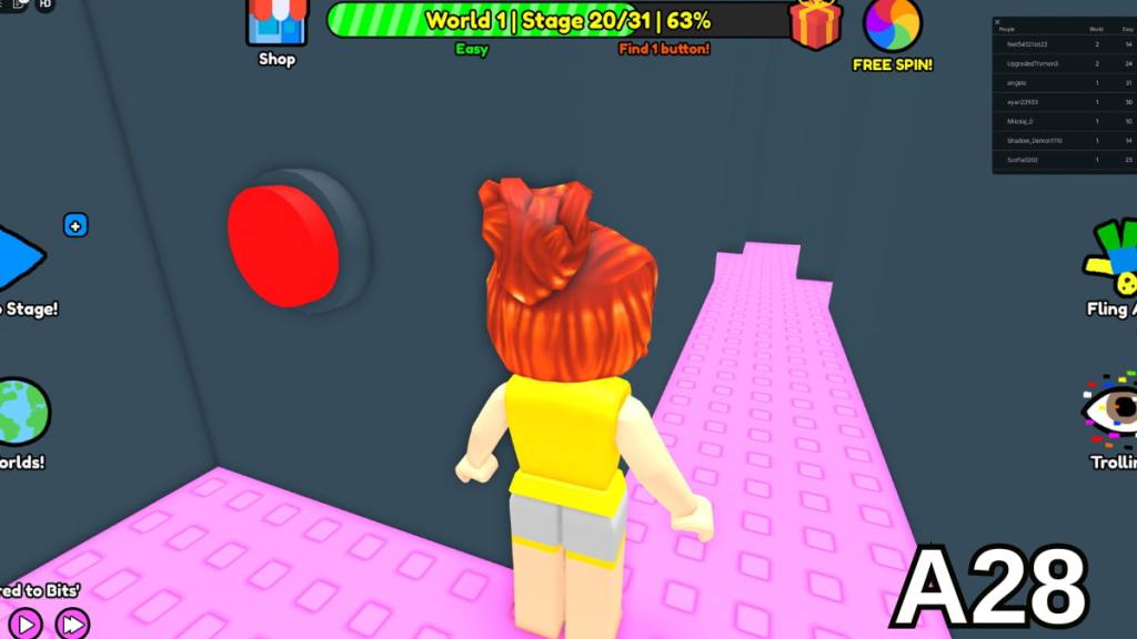 The Stage 20 button in the Easy mode of Roblox Find Buttons World One