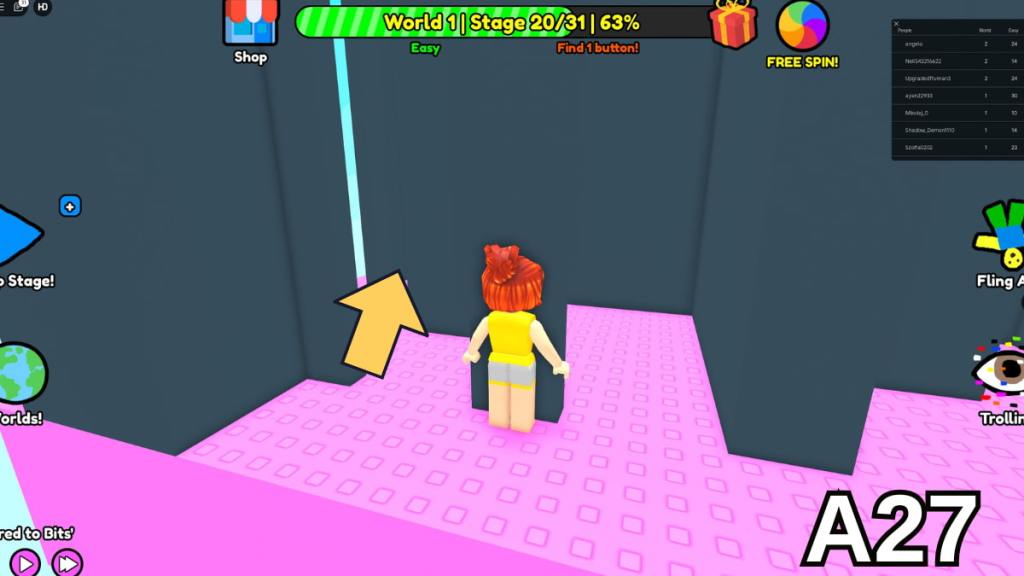 The path leading to the button in the Stage 20 maze of the Easy mode of Roblox Find Buttons World One