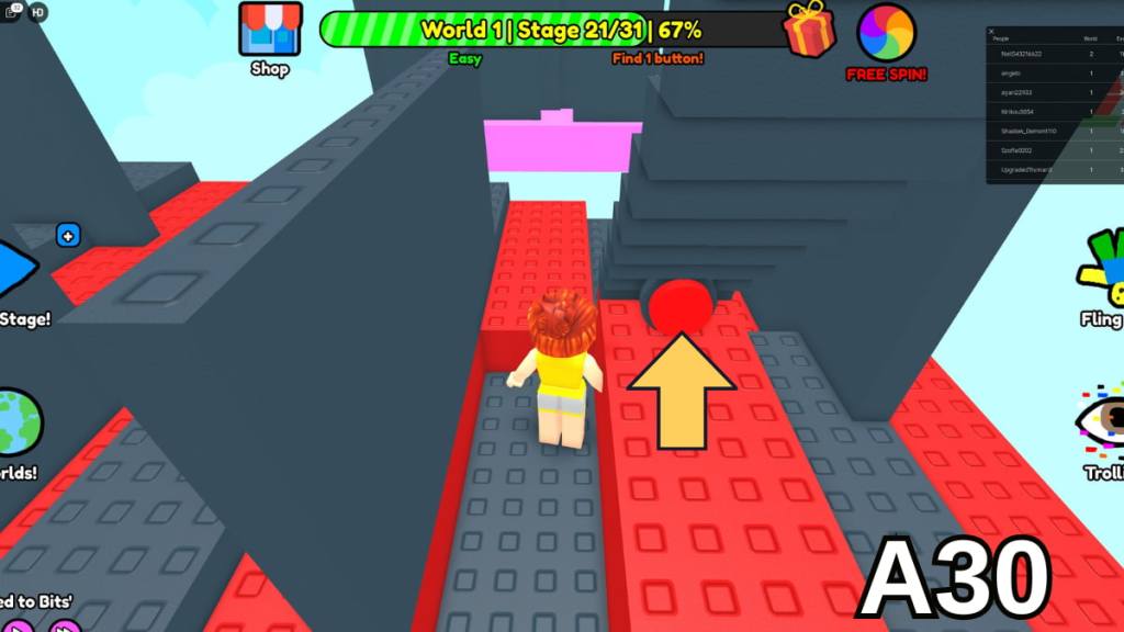 The location of the Stage 21 button in the Easy mode of Roblox Find Buttons World One