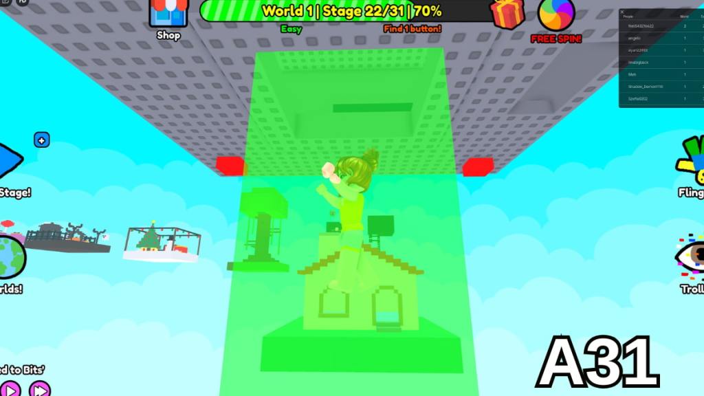 Entering the UFO in Stage 22 of the Easy mode of Roblox Find Buttons World One