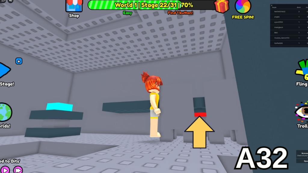 The hidden button in the Stage 22 UFO in the Easy mode of Roblox Find Buttons World One