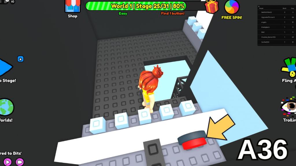 The location of the Stage 25 button in the Easy mode of Roblox Find Buttons World One