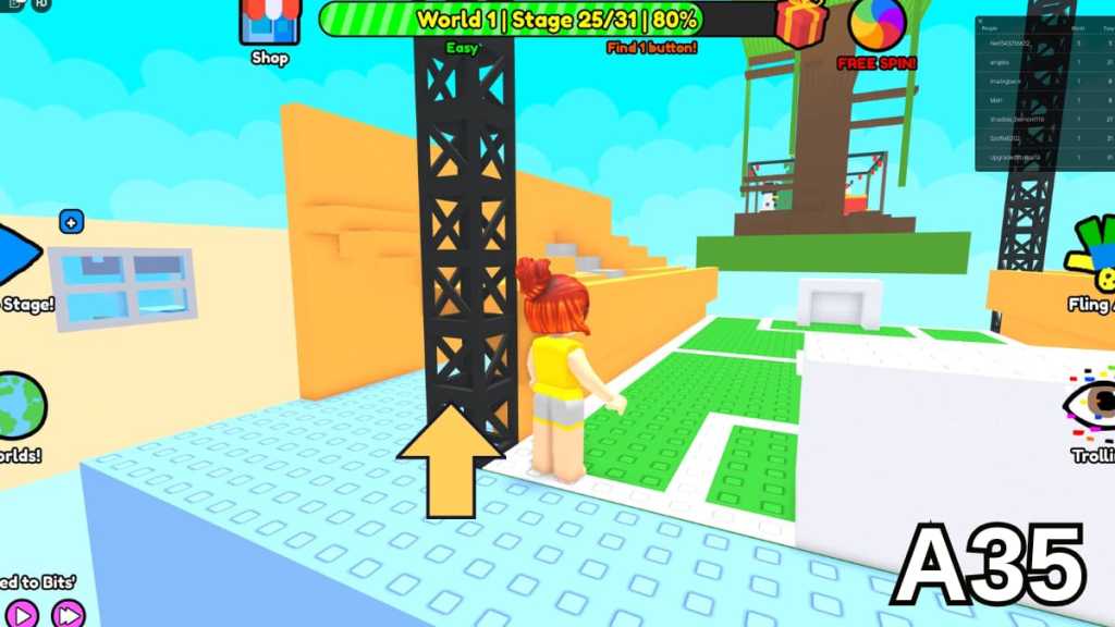 Climbing the black ladder to find the Stage 25 button in the Easy mode of Roblox Find Buttons World One