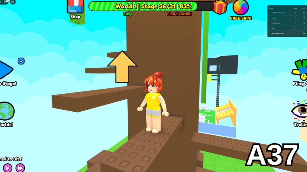 Climbing up the Stage 26 tree in the Easy mode of Roblox Find Buttons World One
