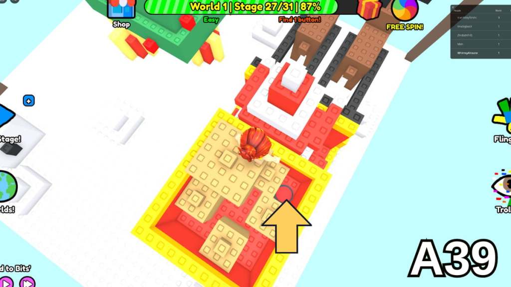 The button hidden in Santa&rsquo;s sleigh in Stage 27 of the Easy mode in Roblox Find Buttons World One