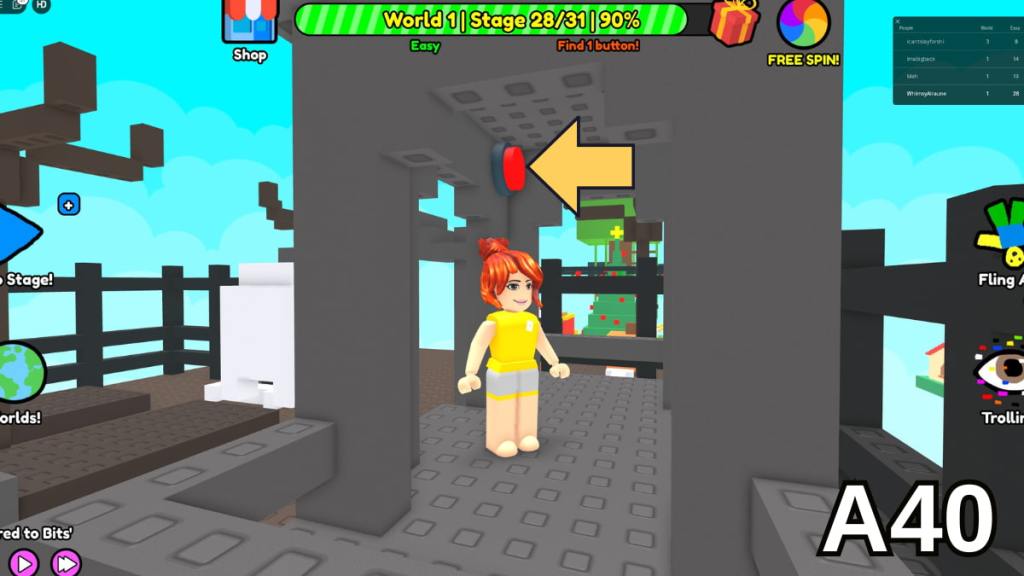 The location of Stage 28&rsquo;s button in the Easy mode of Roblox Find Buttons World One