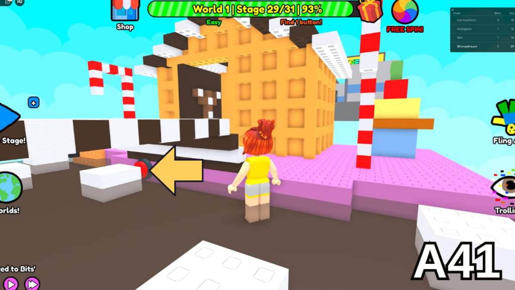 The button hidden beneath the bridge in Stage 29 in the Easy mode of Roblox Find Buttons World One