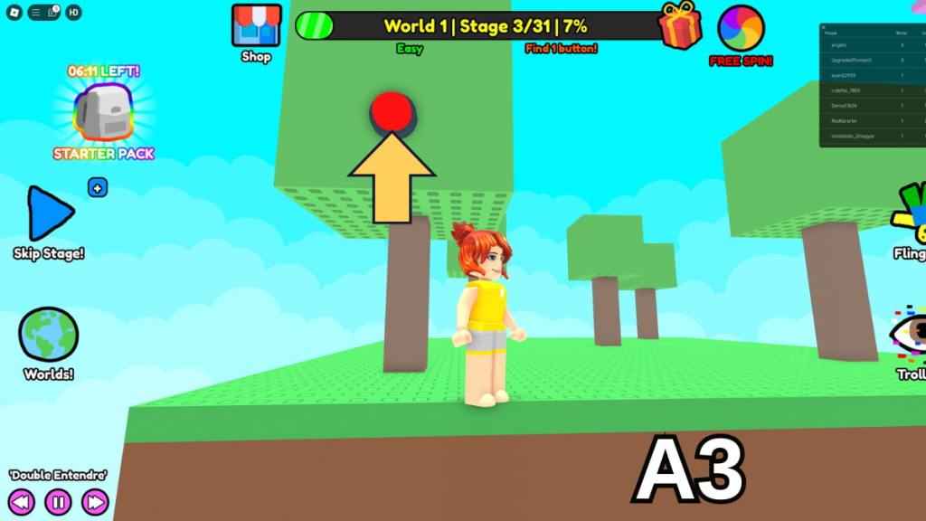 The Stage Three button in the Easy mode of Roblox Find Buttons World One