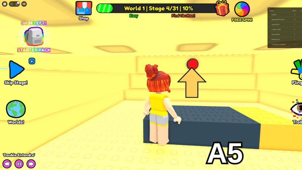 Finding the button hidden in the Stage Four pyramid in the Easy mode of Roblox Find Buttons World One