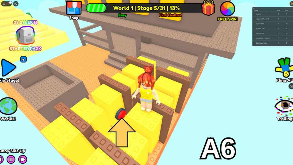 Finding the Stage Five Button in Roblox Find Buttons World One easy mode