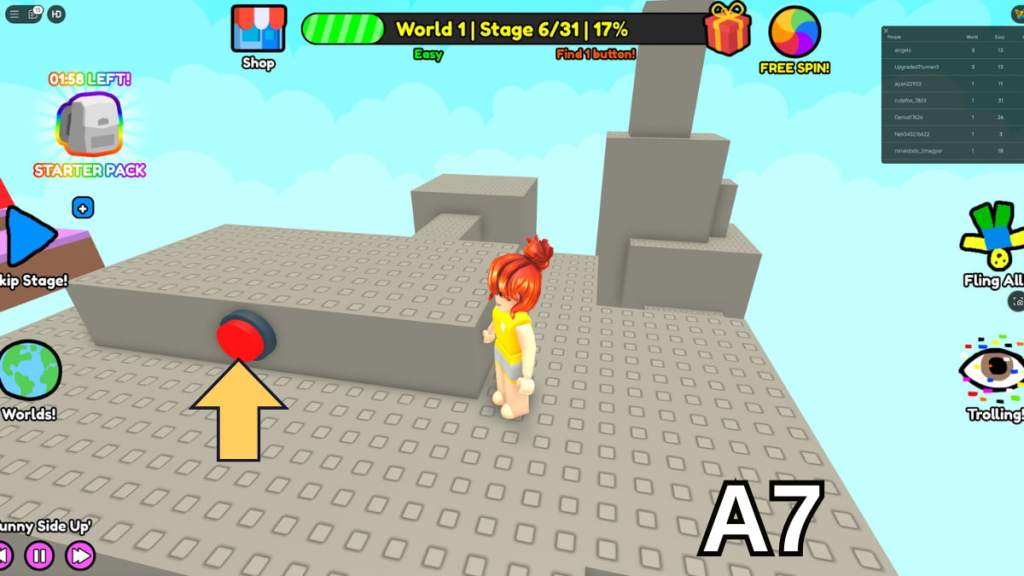 The Stage Six button in the Easy mode of Roblox Find Buttons World One