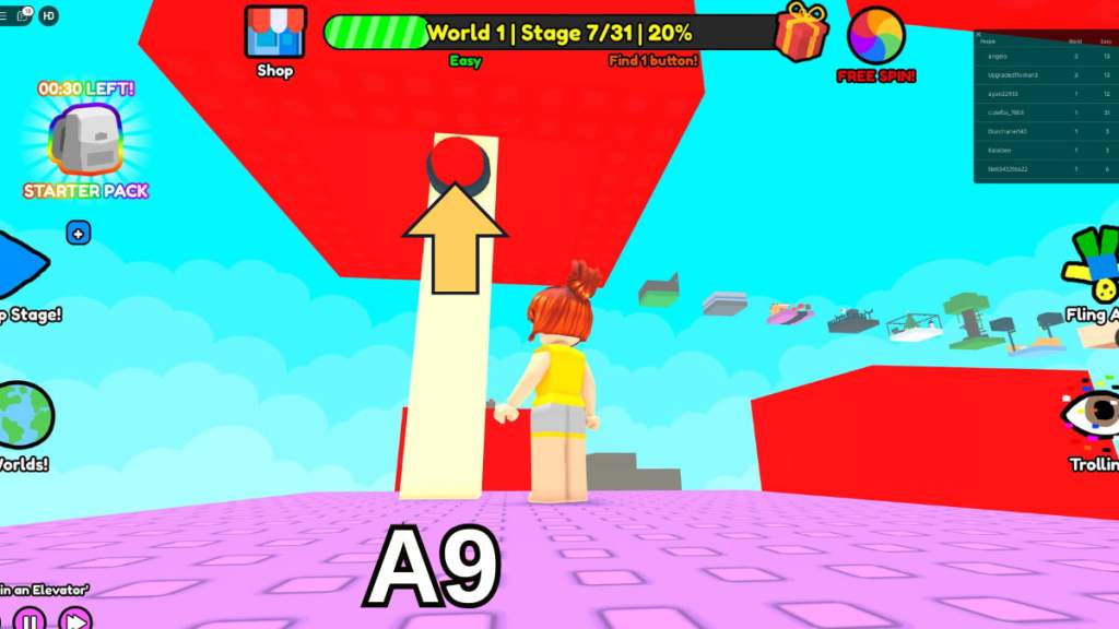 The location of the Stage Seven button in the Easy mode of Roblox Find Buttons World One