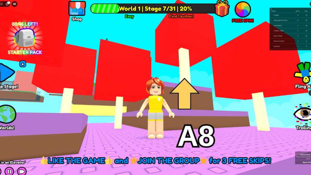 The tree hiding the button in Stage Seven of the Easy mode of Roblox Find Buttons World One