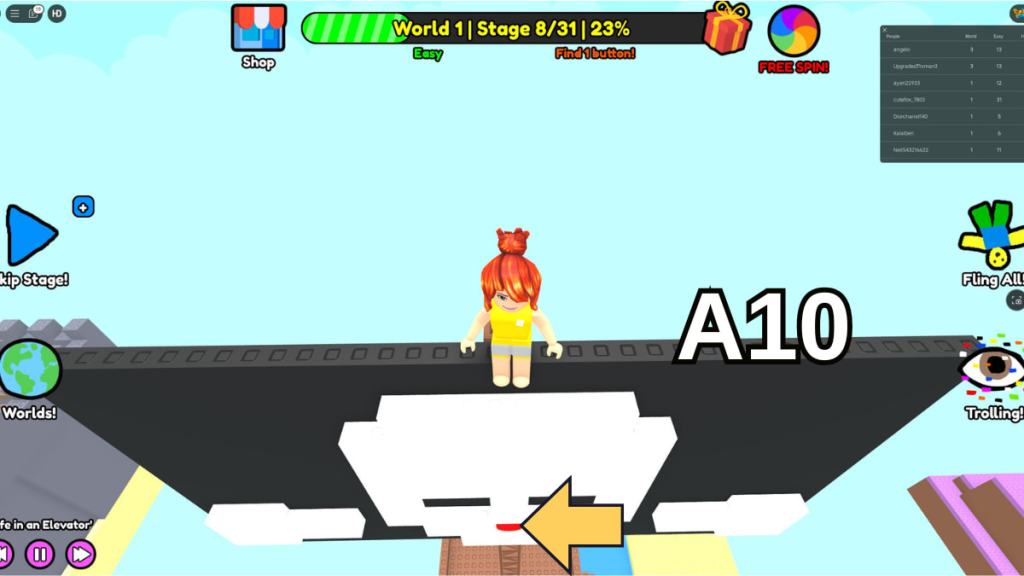 The Stage Eight button on the Pirate Mast in the Easy mode of Roblox Find Buttons World One