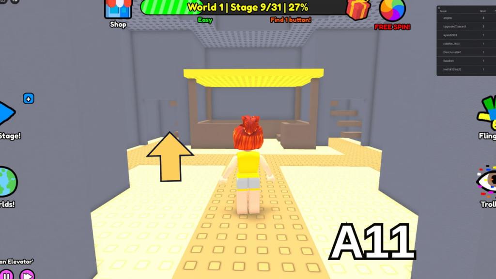 The staircase containing the Stage 9 button in the Easy mode of Roblox Find Buttons World One