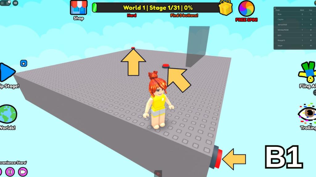 The button locations for Stage One of the Hard Version of Roblox Find Buttons World One