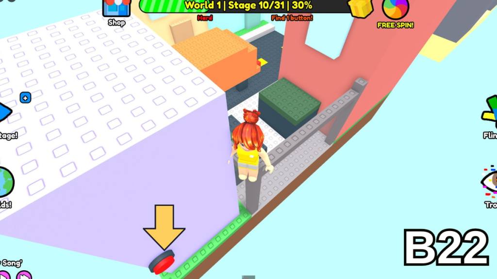 The button behind the purple building in Stage 10 of the Hard Version of Roblox Find Buttons World One
