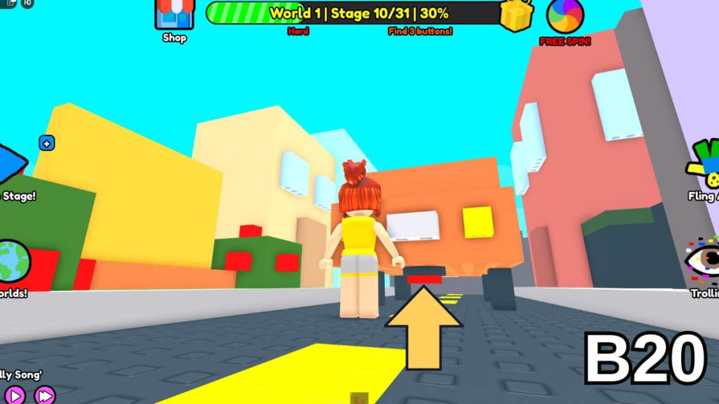 The button beneath the car in Stage Ten of the Hard Version of Roblox Find Buttons World One