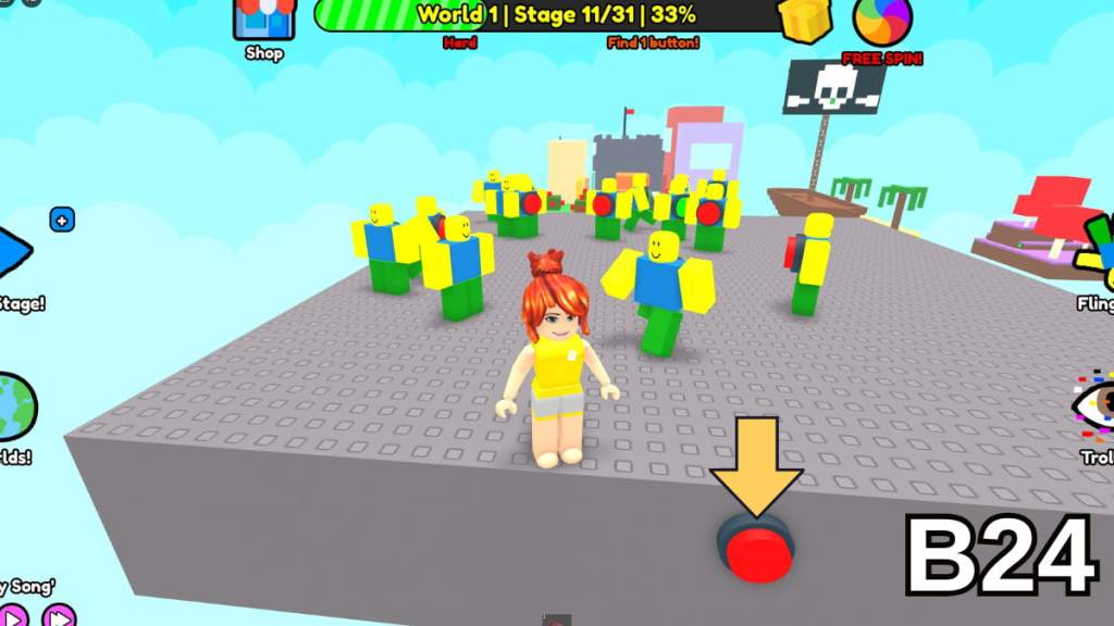 The button hidden on the back of Stage 11 in the Hard Version of Roblox Find Buttons World One