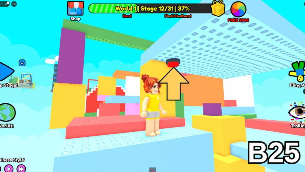 A button beneath the light blue platform in Stage 12 of the Hard Version of Roblox Find Buttons World One