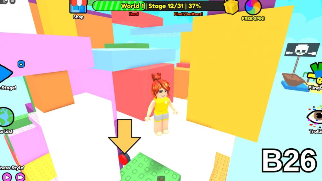 The hidden button on the white block in Stage 12 of the Hard Version of Roblox Find Buttons World One
