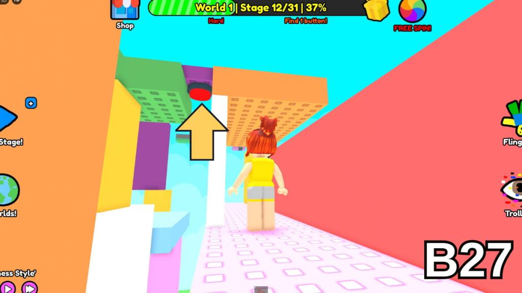 The third hidden button in Stage 12 of the Hard Version of Roblox Find Buttons World One