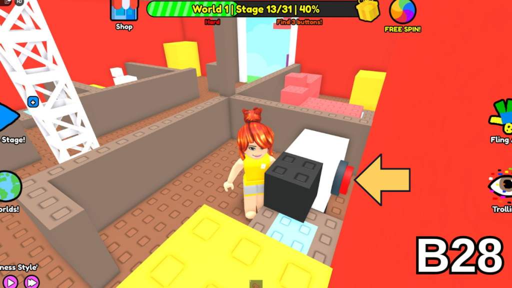 A button on a sheep in the barn in Stage 13 of the Hard Version of Roblox Find Buttons World One