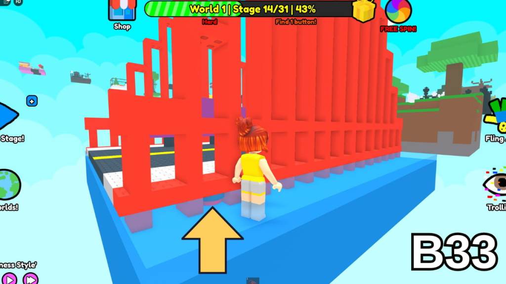 The Stage Fourteen button in the water beneath the bridge in the Hard Version of Roblox Find Buttons World One
