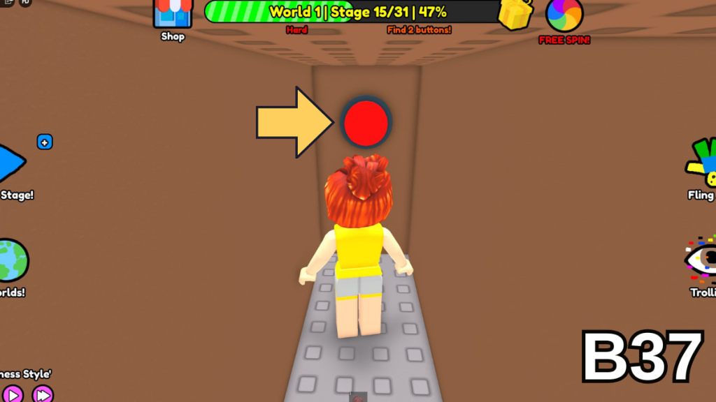 The hidden button in the Stage 15 cave in the Hard Version of Roblox Find Buttons World One