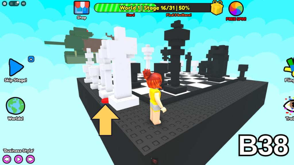The button on the left side of Stage 16 in the Hard Version of Roblox Find Buttons World One