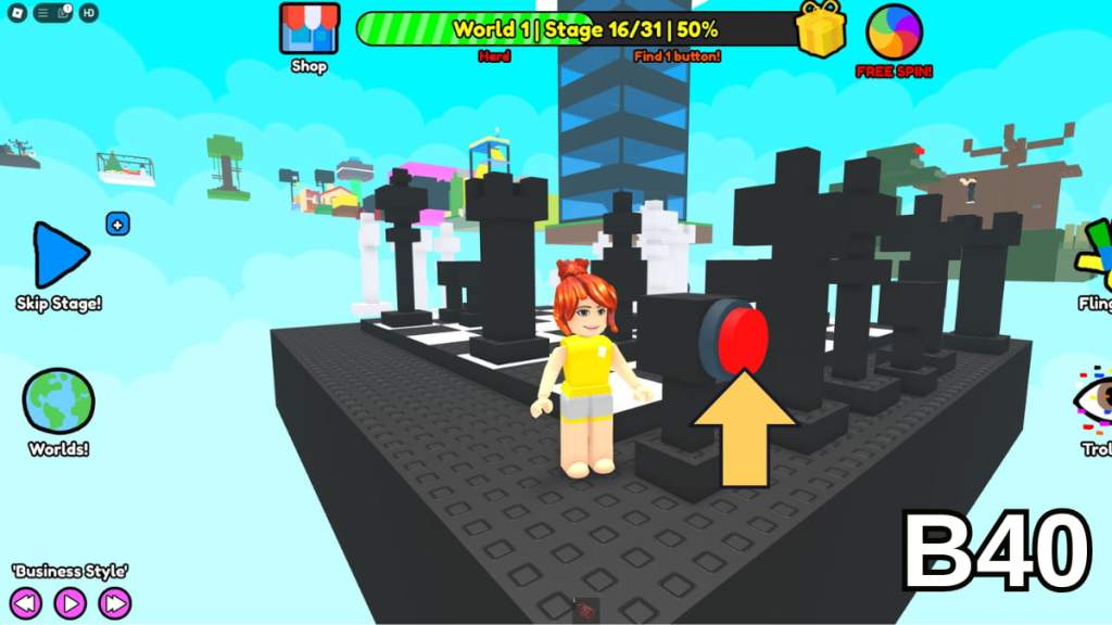 The button on the right side of Stage 16 in the Hard Version of Roblox Find Buttons World One