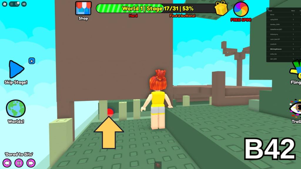 The button beneath the Stage 17 hut in the Hard Version of Roblox Find Buttons World One