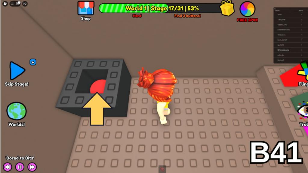The first button inside the Stage 17 hut in the Hard Version of Roblox Find Buttons World One