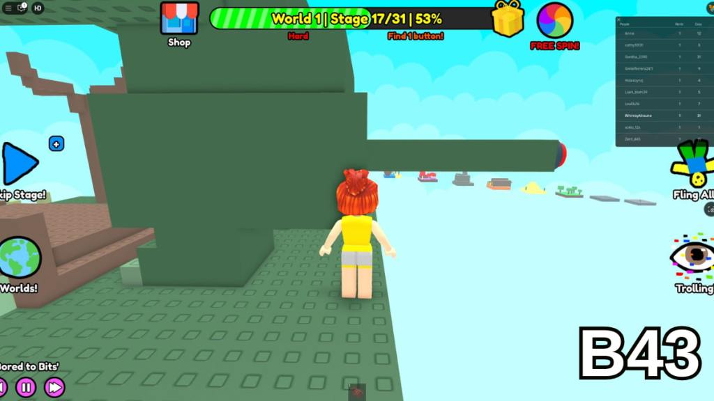 The Stage 17 button at the end of Godzilla&rsquo;s tail in the Hard Version of Roblox Find Buttons World One