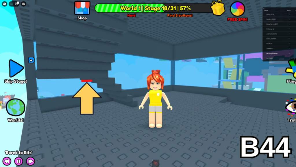 The first Stage 18 button in the Hard Version of Roblox Find Buttons World One