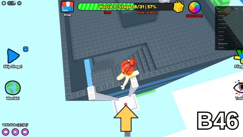 The button on the white platform in Stage 18 of the Hard Version of Roblox Find Buttons World One