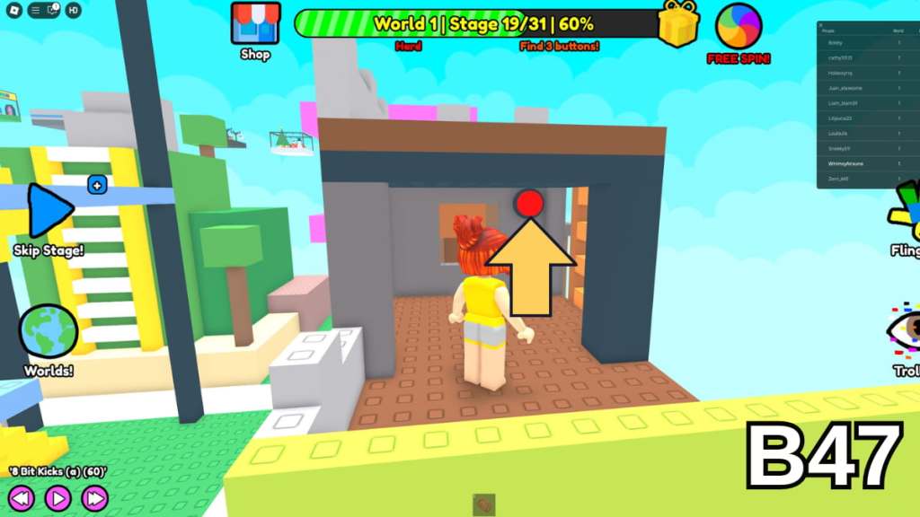 The Stage 19 brown house button in the Hard Version of Roblox Find Buttons World One