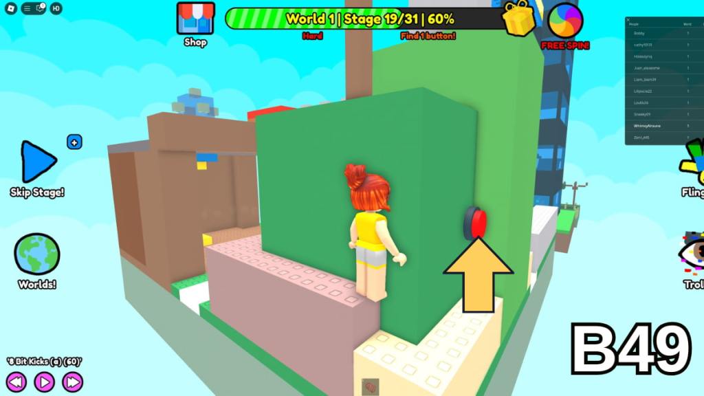 The Stage 19 button on the back of the green house in the Hard Version of Roblox Find Buttons World One